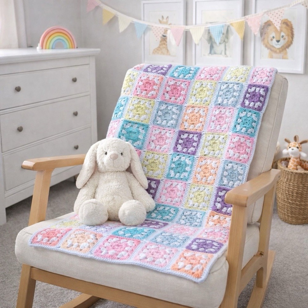 VTG Hand Crocheted Granny Square Afghan Throw Blanket Pastel 51x38 Cottagecore